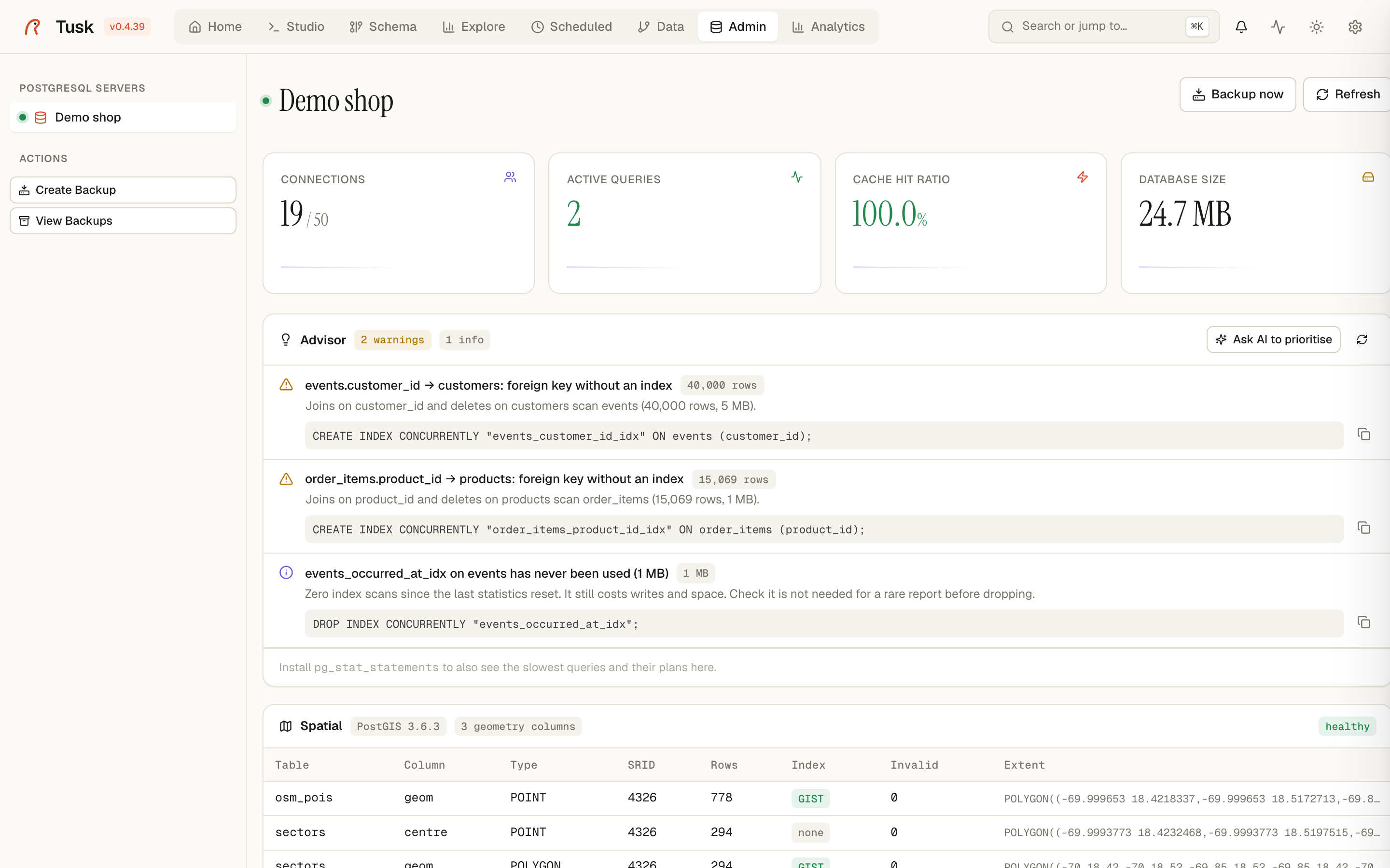 Admin — Postgres console with processes, locks, settings, backups.