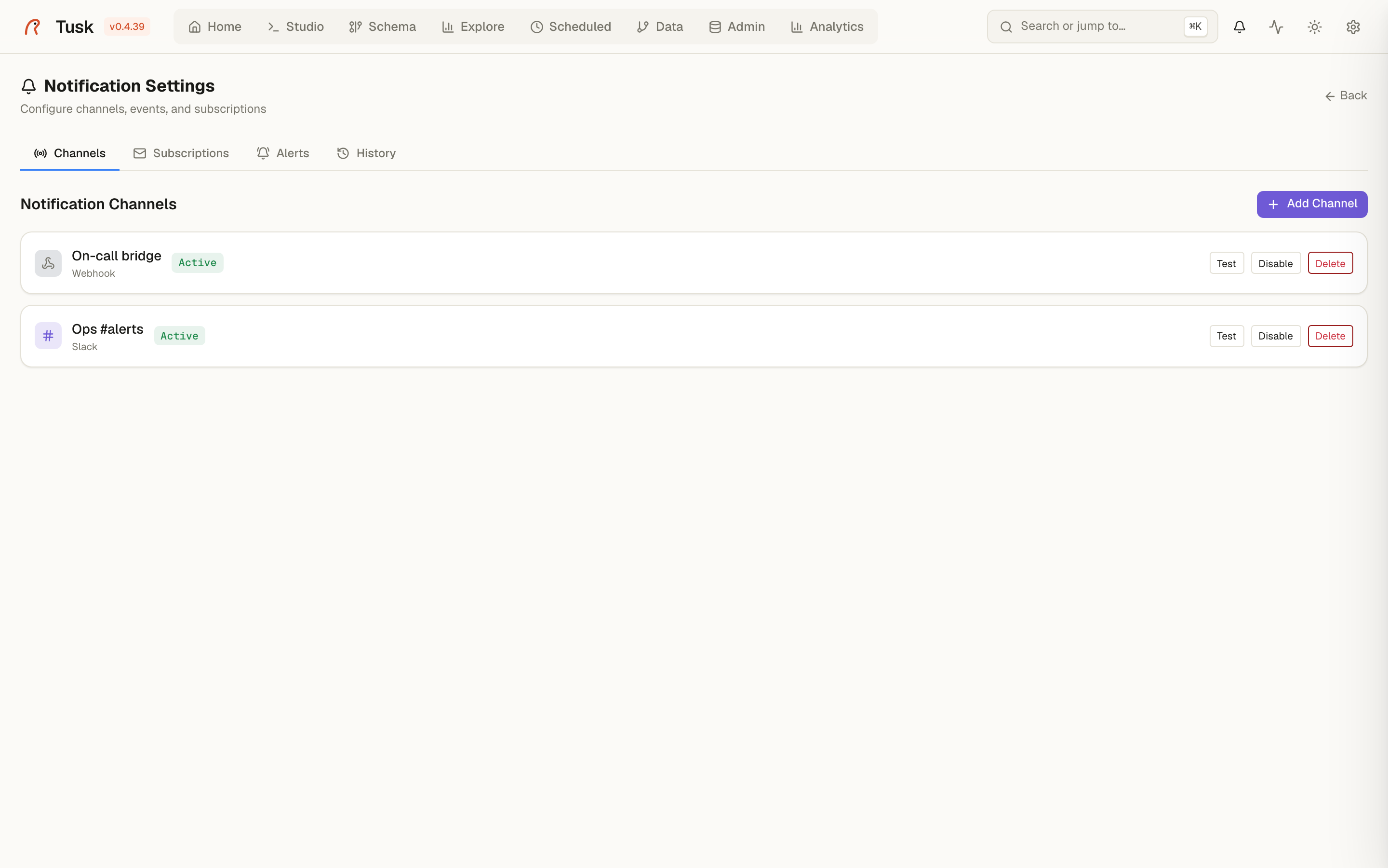 Alerts tab — rules, condition, last value, state.