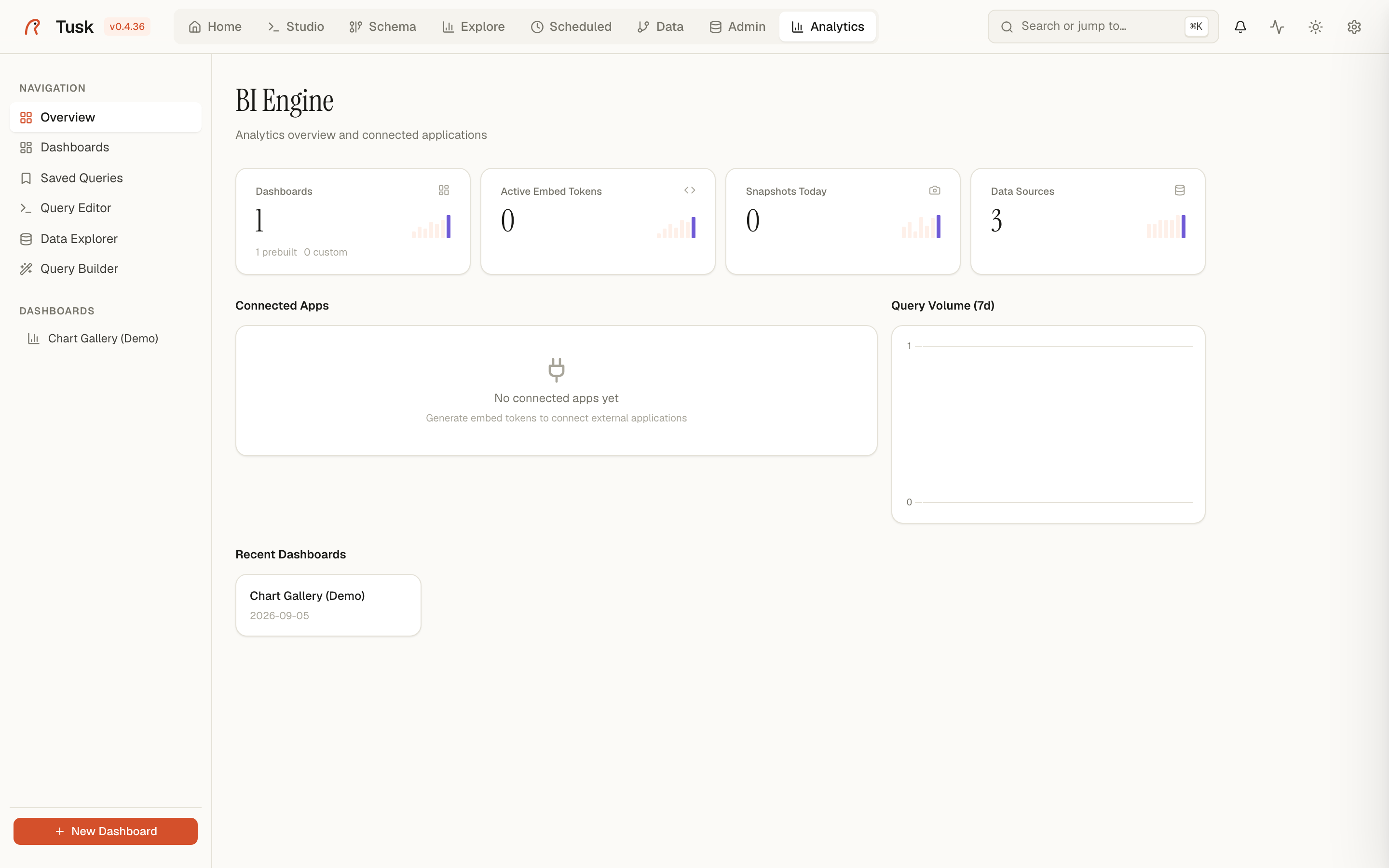 Analytics — BI Engine overview with dashboards and embed tokens.