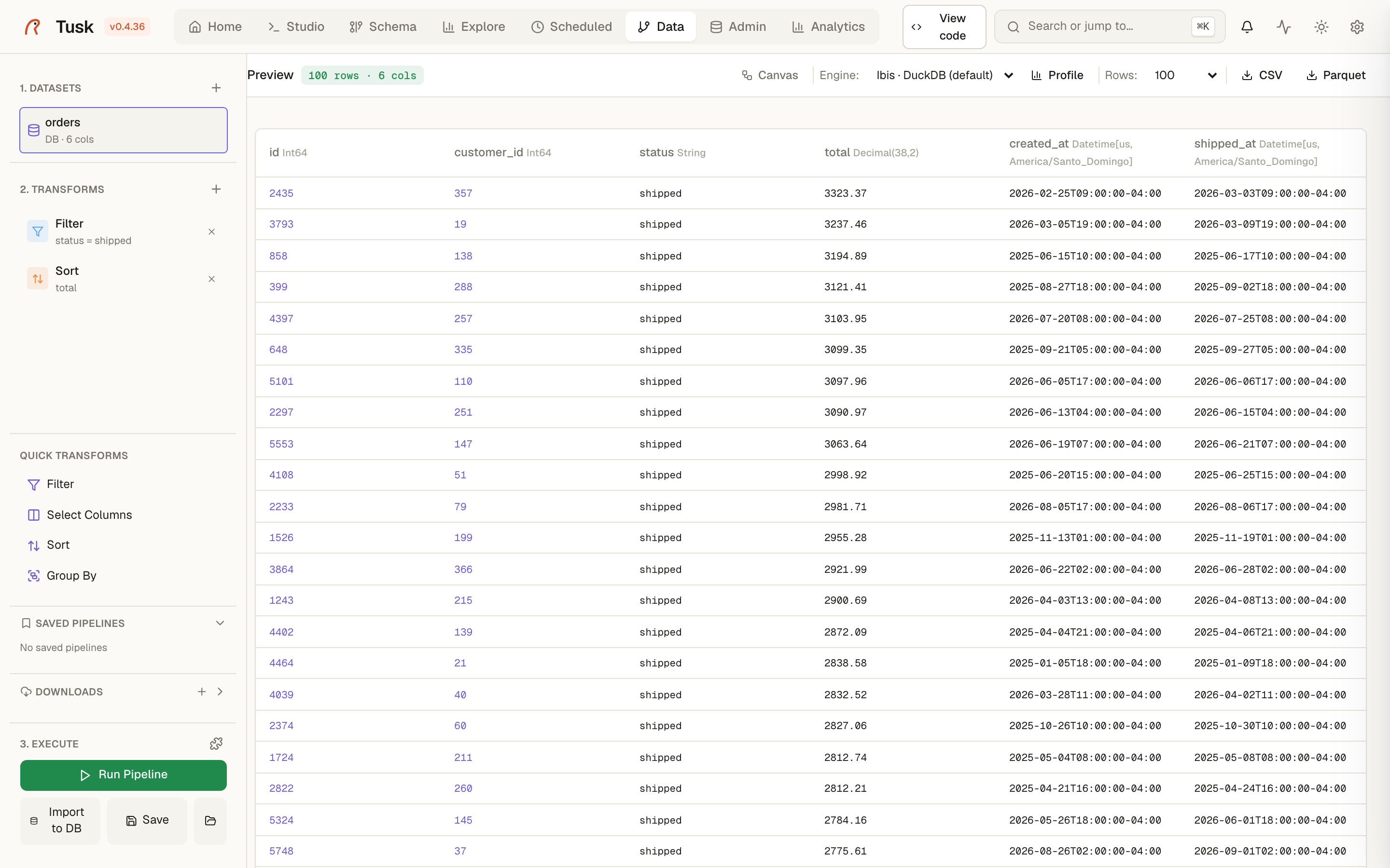 Data — sources, transforms, preview and generated code.