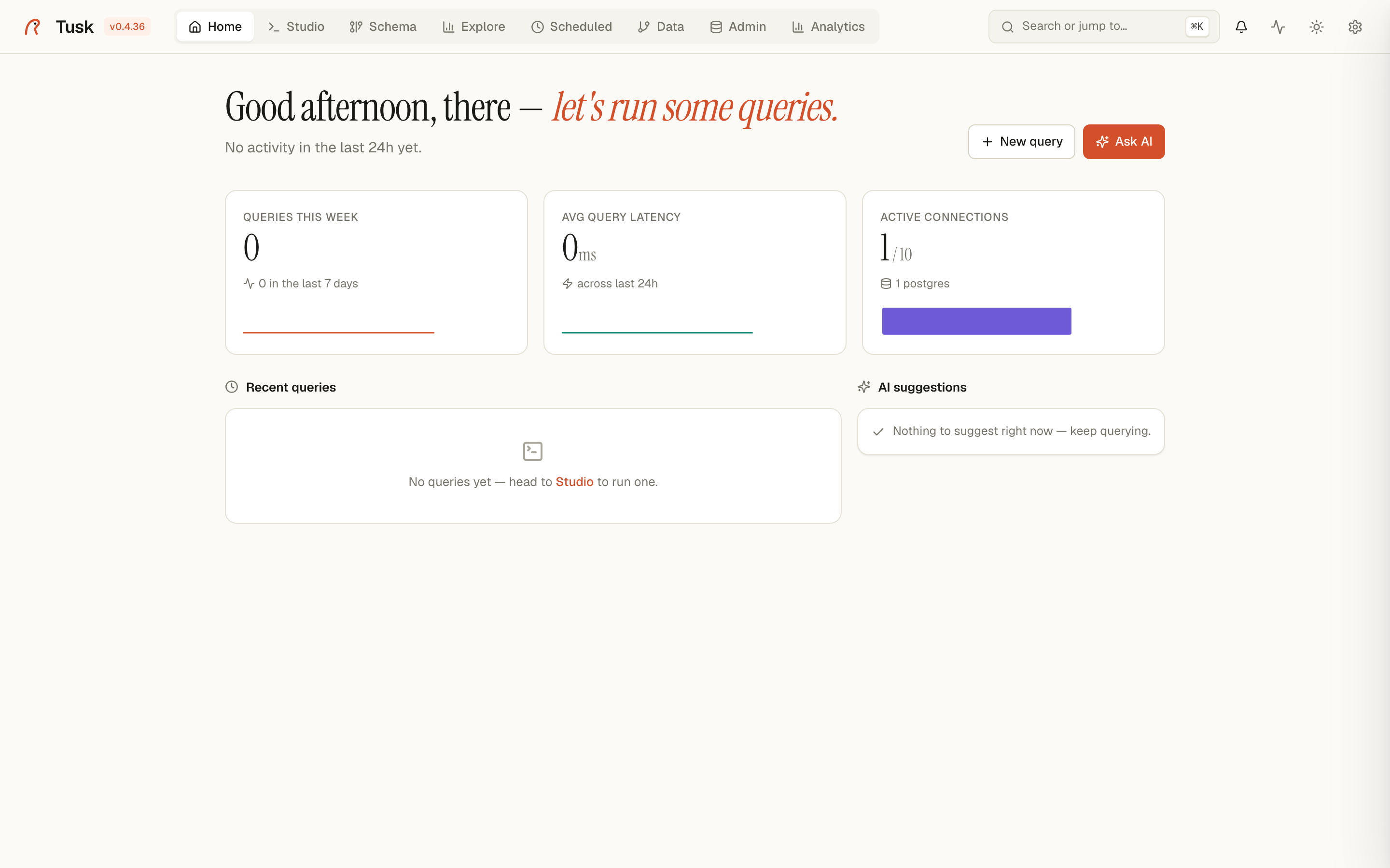 Home tab — KPI cards, recent queries, AI suggestions.