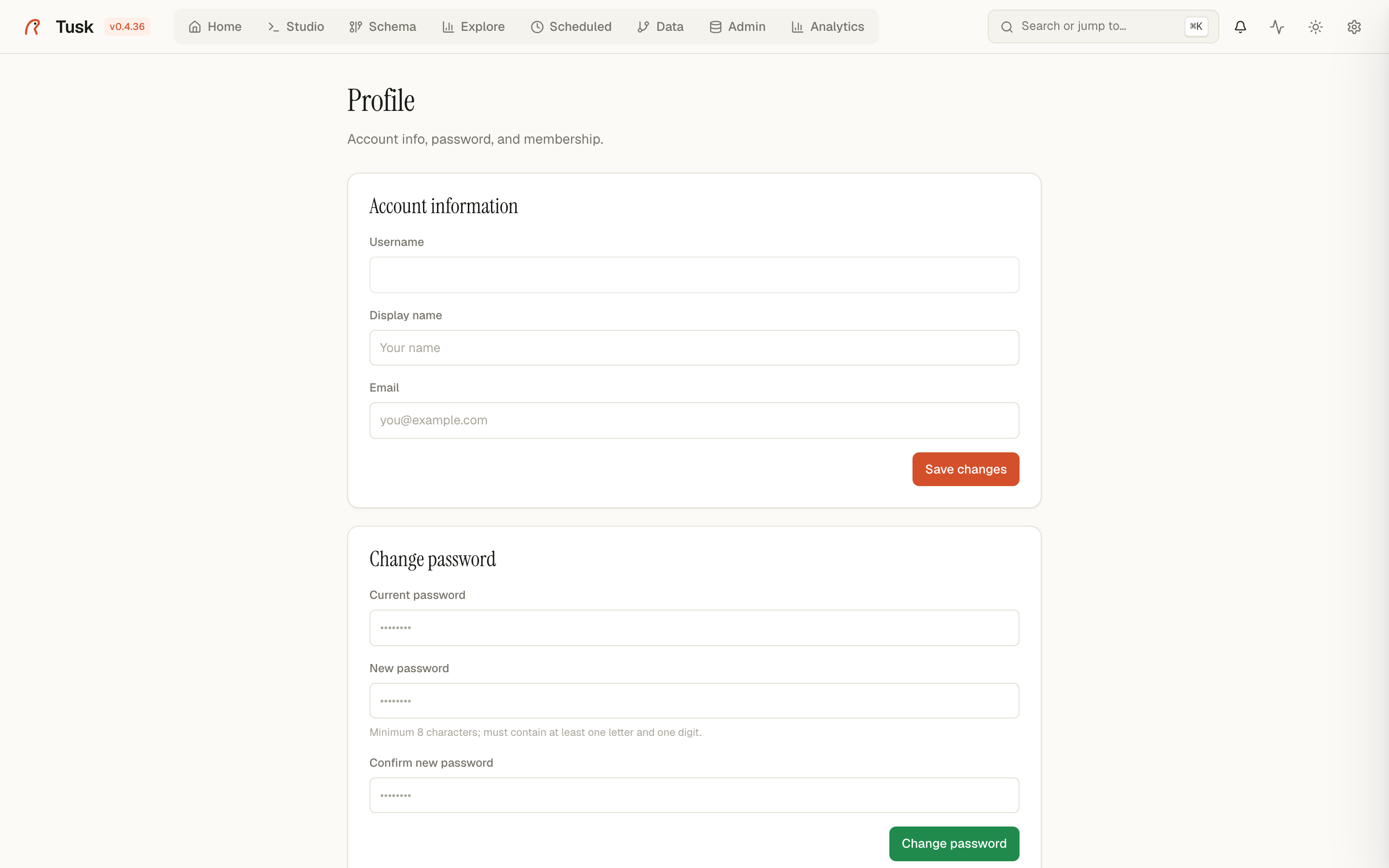 Profile — account, password, API tokens.