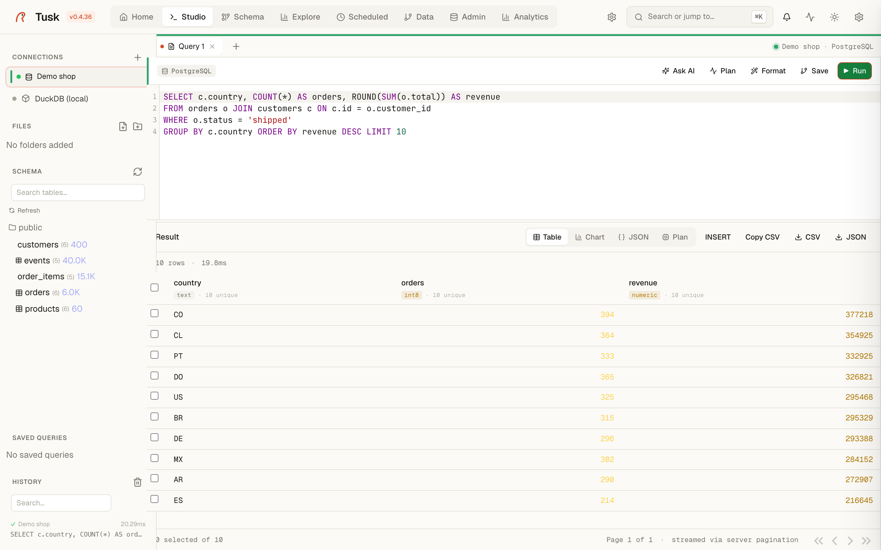 Studio — SQL editor with results table, connection sidebar.
